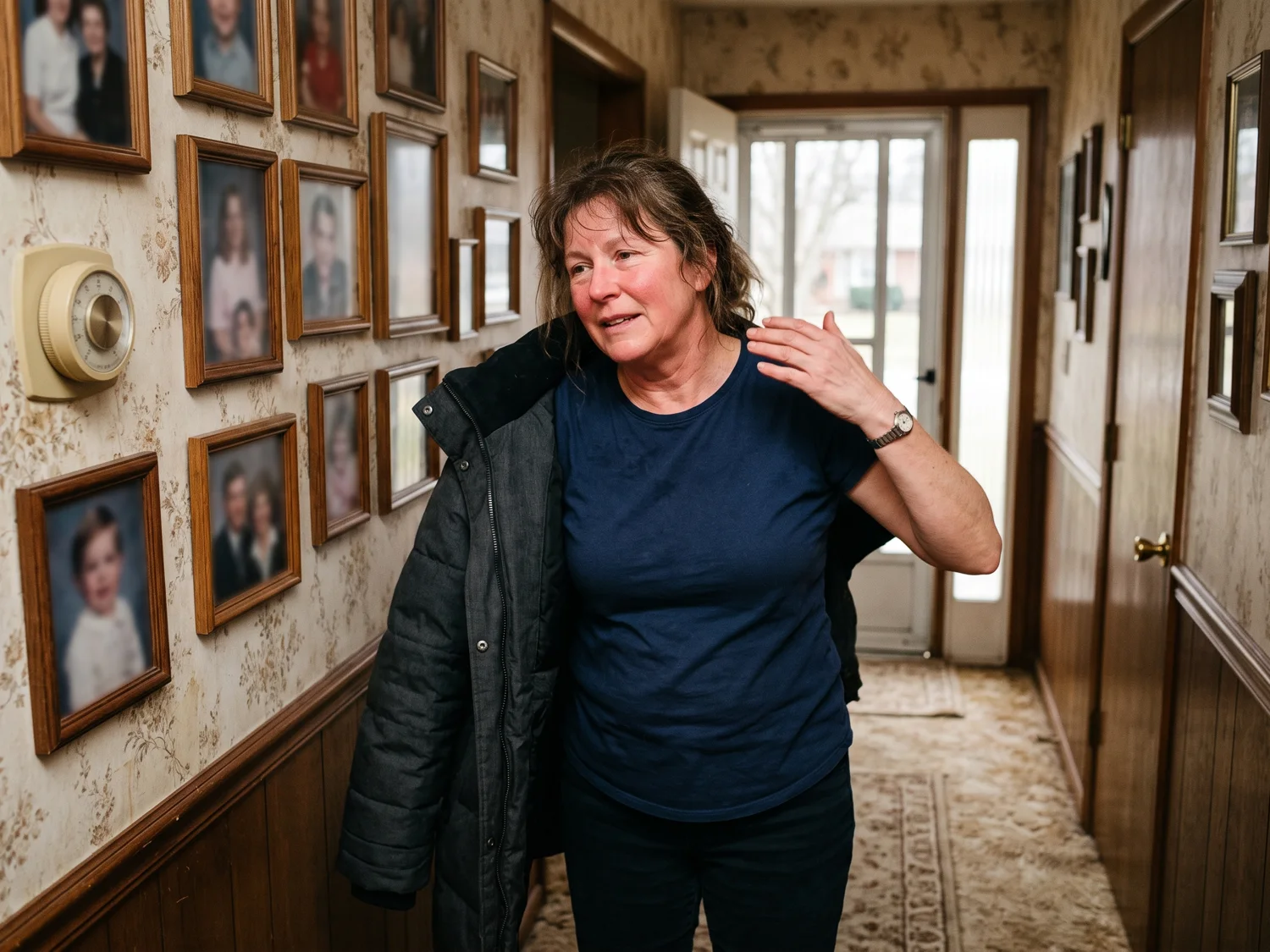 A woman in her fifties taking off her winter coat in the warm hallway of her parents' house, fanning herself