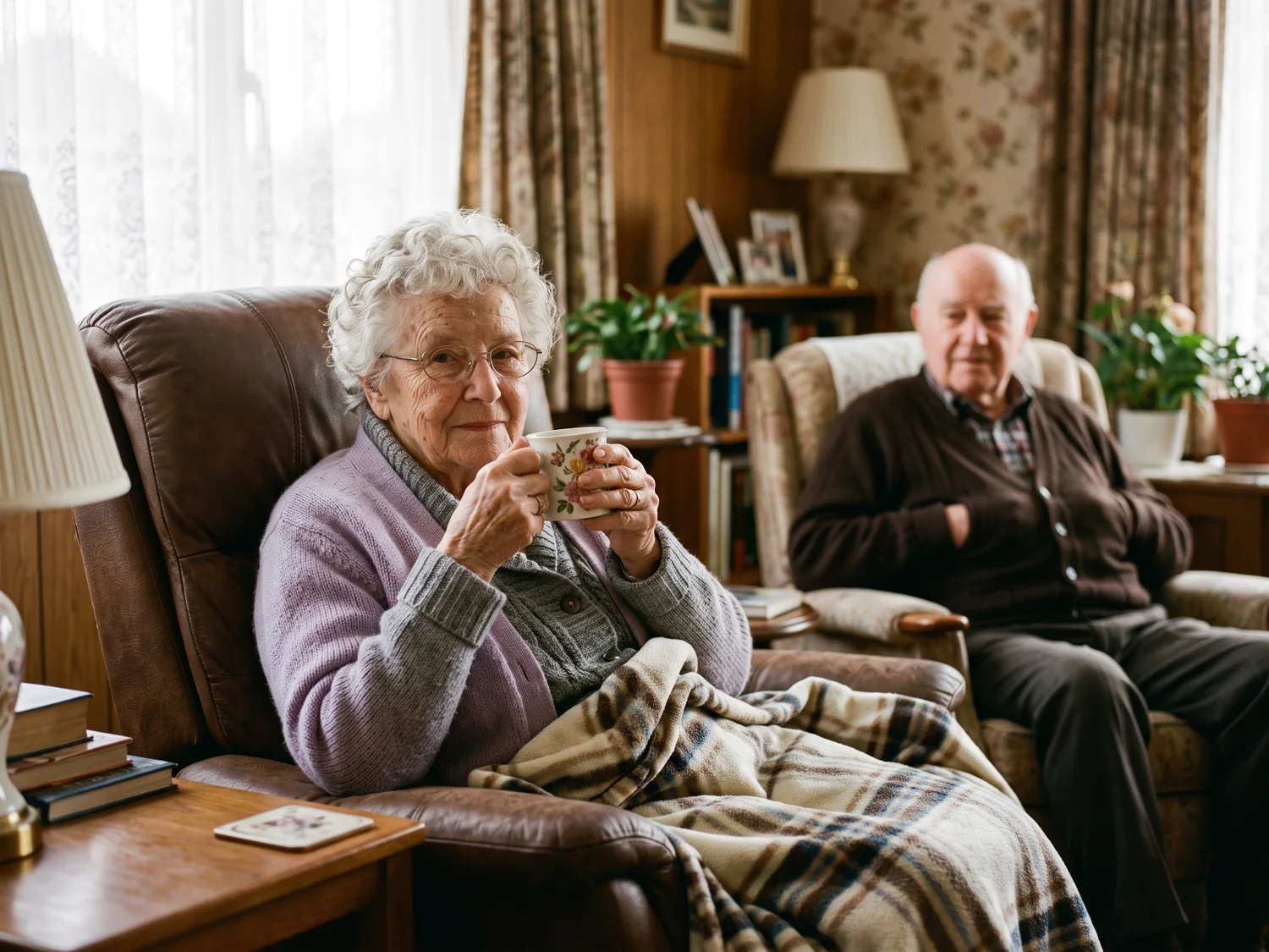 An 82-year-old woman in a recliner wrapped in two cardigans and a fleece throw, holding a mug of tea with both hands