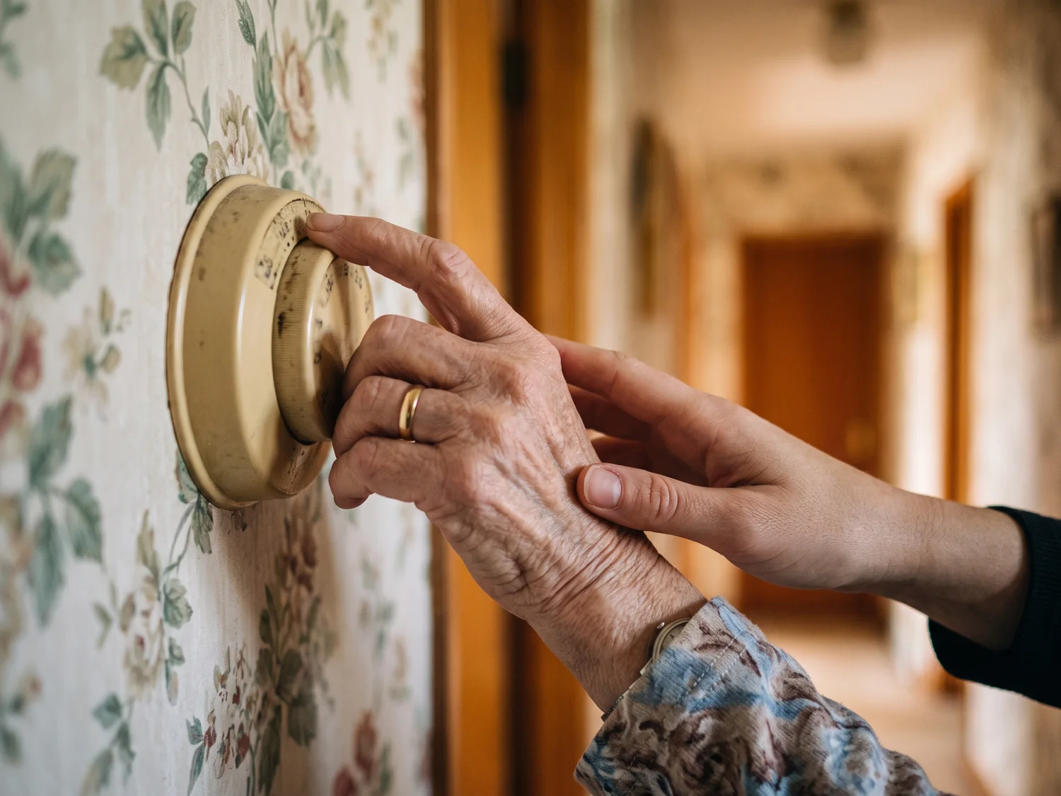 An older woman's hand turning up a round wall thermostat in a hallway, a younger woman's hand reaching in from the side