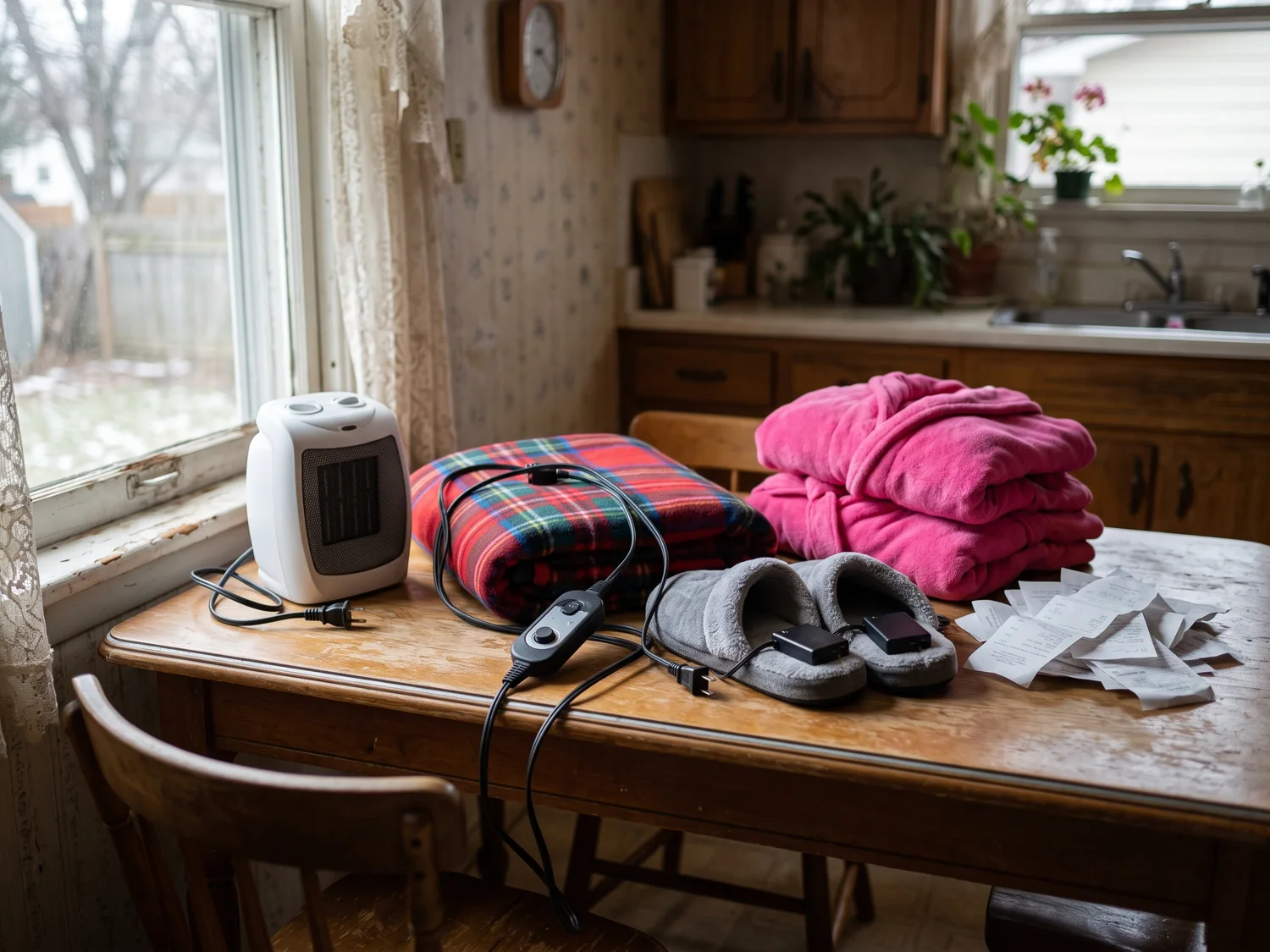A pile of gifts that did not work on a kitchen table: a small space heater, an electric throw with its cord, heated slippers and fleece robes