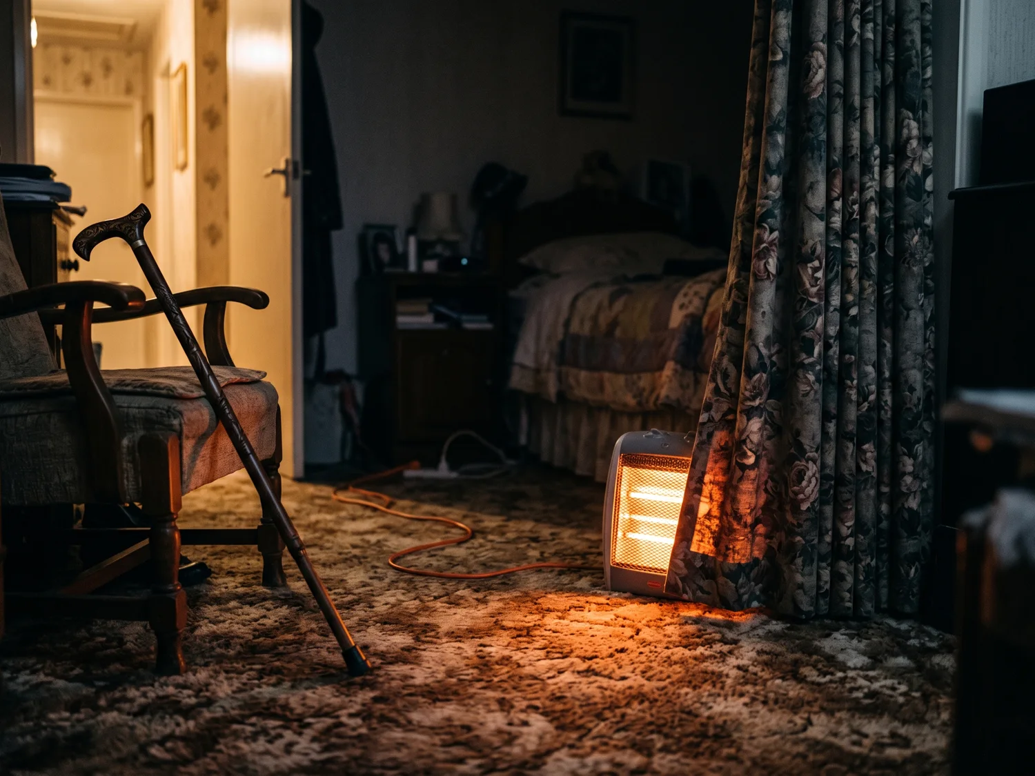A small space heater glowing orange on a bedroom floor close to a long curtain, an electric cord crossing the rug
