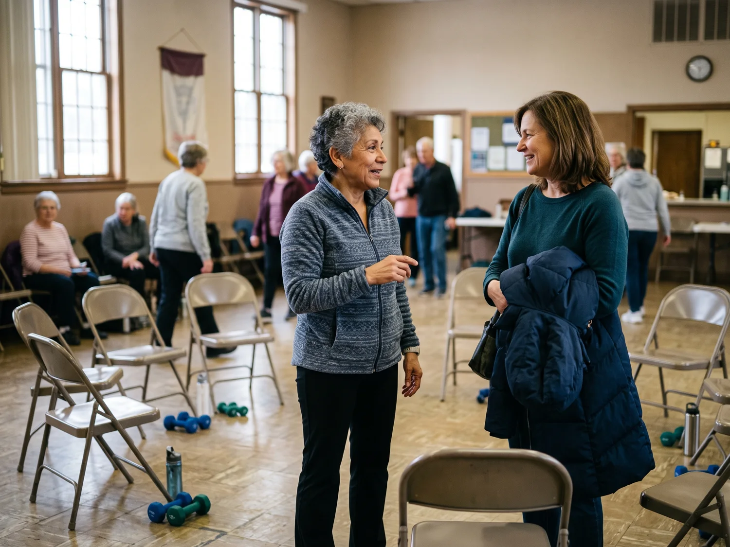A fit woman in her sixties talking with a middle-aged daughter in a church hall set up for a seniors' chair exercise class