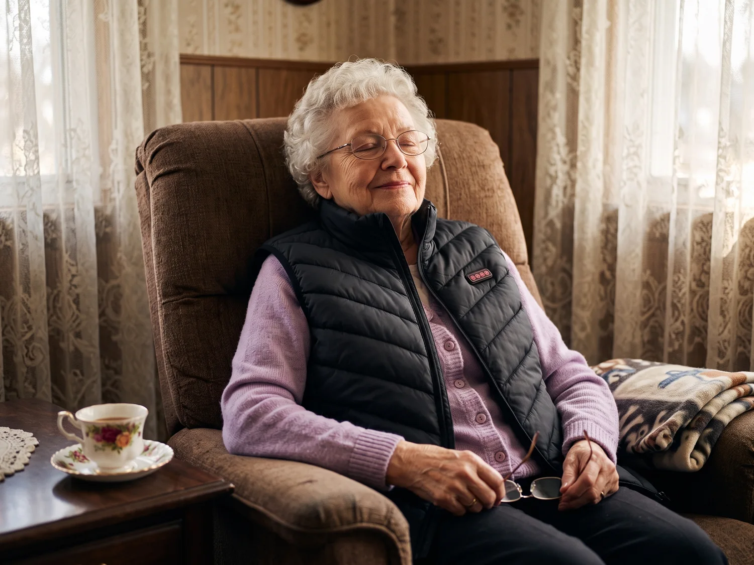 An elderly woman smiling with her eyes closed in her recliner, wearing the black heated vest over a cardigan, the fleece throw folded on the armrest
