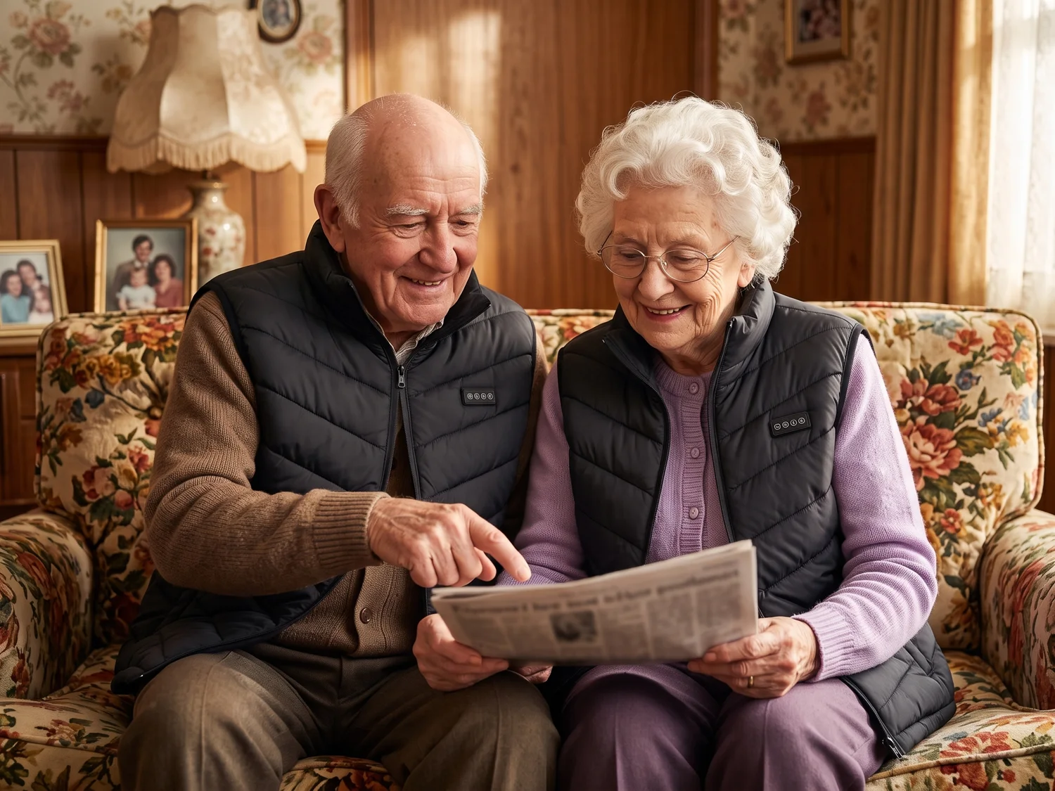 An older man and woman sitting side by side on a sofa, both wearing black heated vests, reading the newspaper together