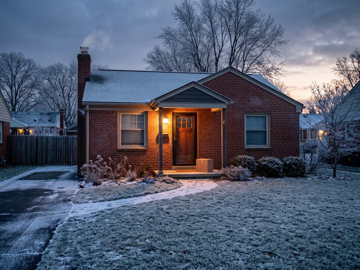 A frosty brick ranch house at dawn, the porch light on and a package waiting on the doormat