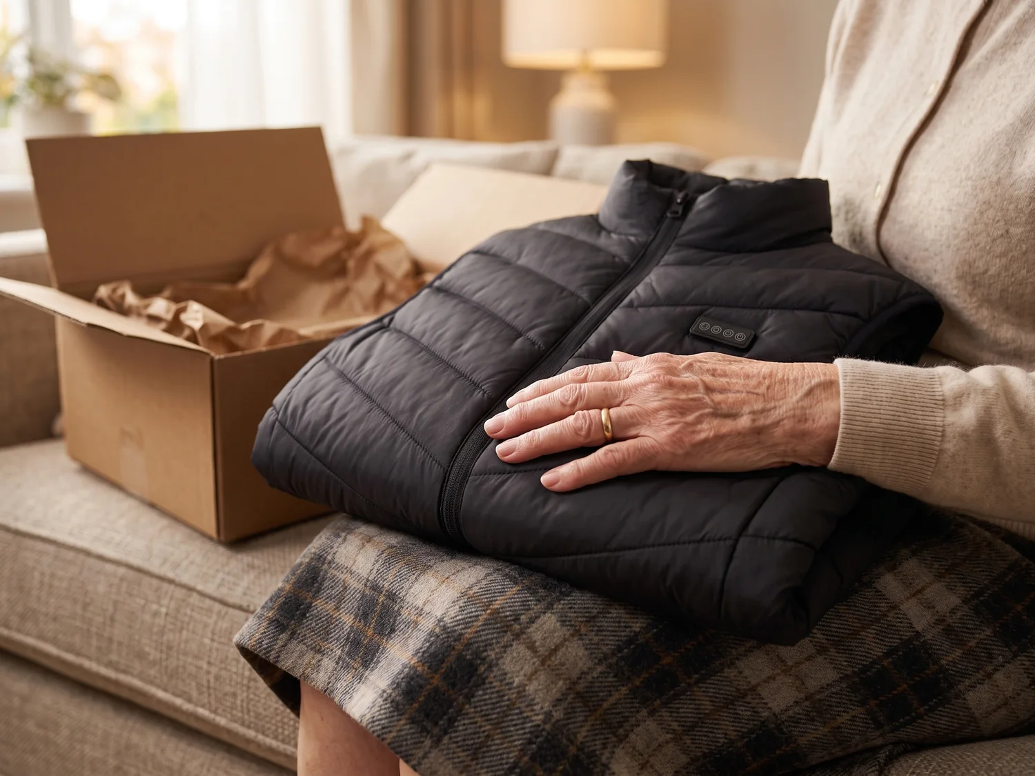 An elderly woman's hands holding the black heated vest folded on her lap next to its open shipping box