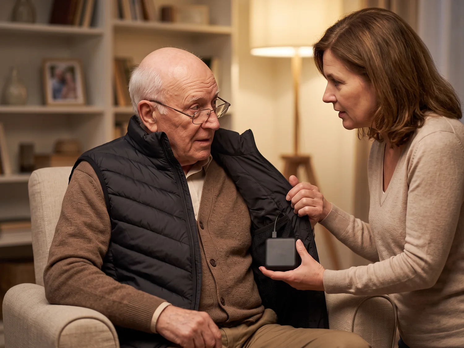 A daughter showing her elderly father the inside pocket of the heated vest where the small battery sits