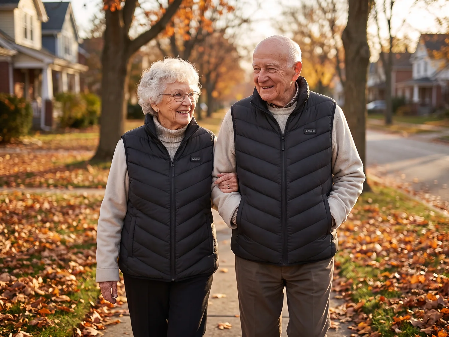 An elderly couple walking slowly arm in arm down a leafy neighborhood sidewalk in late autumn, both in black vests under open coats