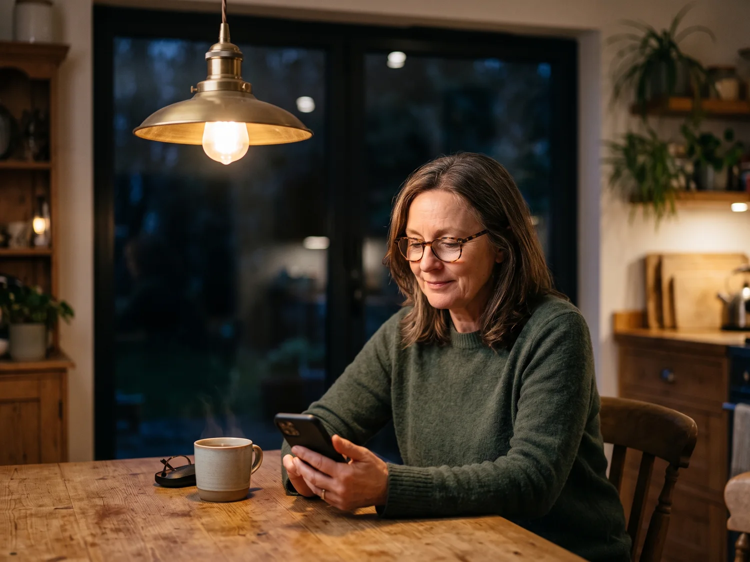 A middle-aged woman reading on her phone at her kitchen table in the evening, a cup of tea beside her