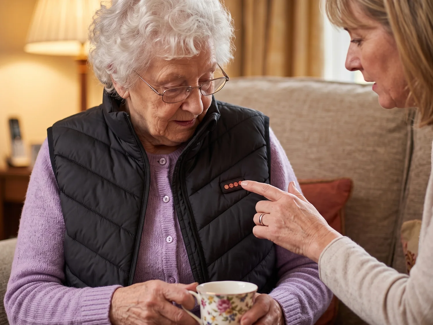 A daughter's hand pressing the small button panel on the chest of a black heated vest worn by her elderly mother over a lilac cardigan
